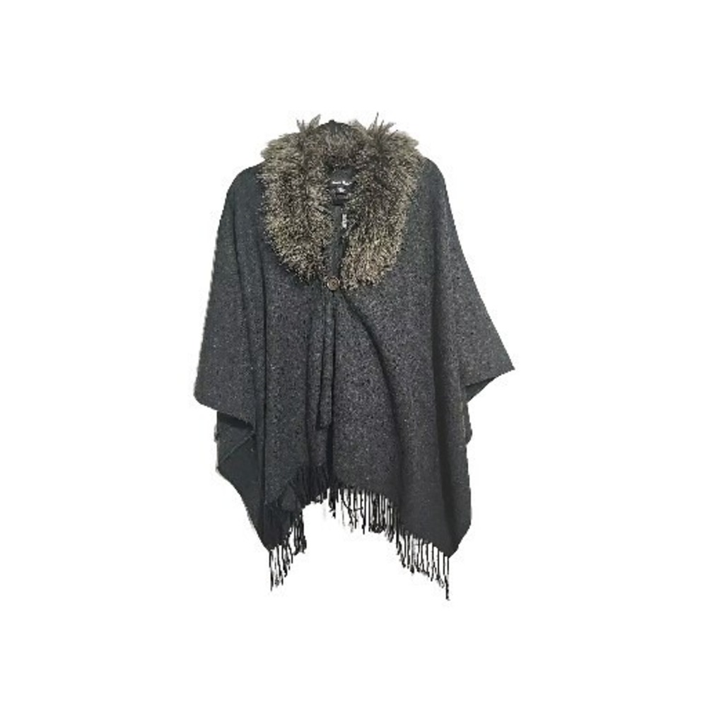 Charlie Paige Black Faux Fur Collared Fringe Poncho Shawl Cape Womans One Size